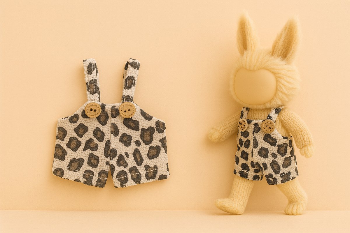 Kledingset geschikt voor Labubu – Luipaardprint tuinbroekje met knoopdetail – voor 15-17 cm Labubu poppen (Big Into Energy, Macarons, Have a Seat) | Labubu Kleding | Labubu Kleren